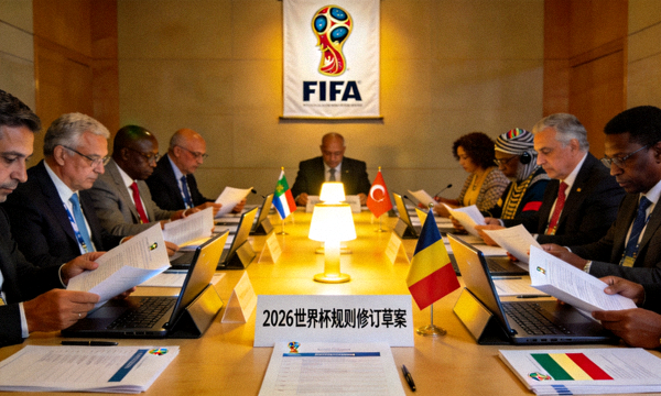 国际足联理事会会议现场，各国代表审议2026世界杯规则修订草案