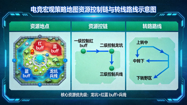 电竞宏观策略地图资源控制链与转线路线示意图