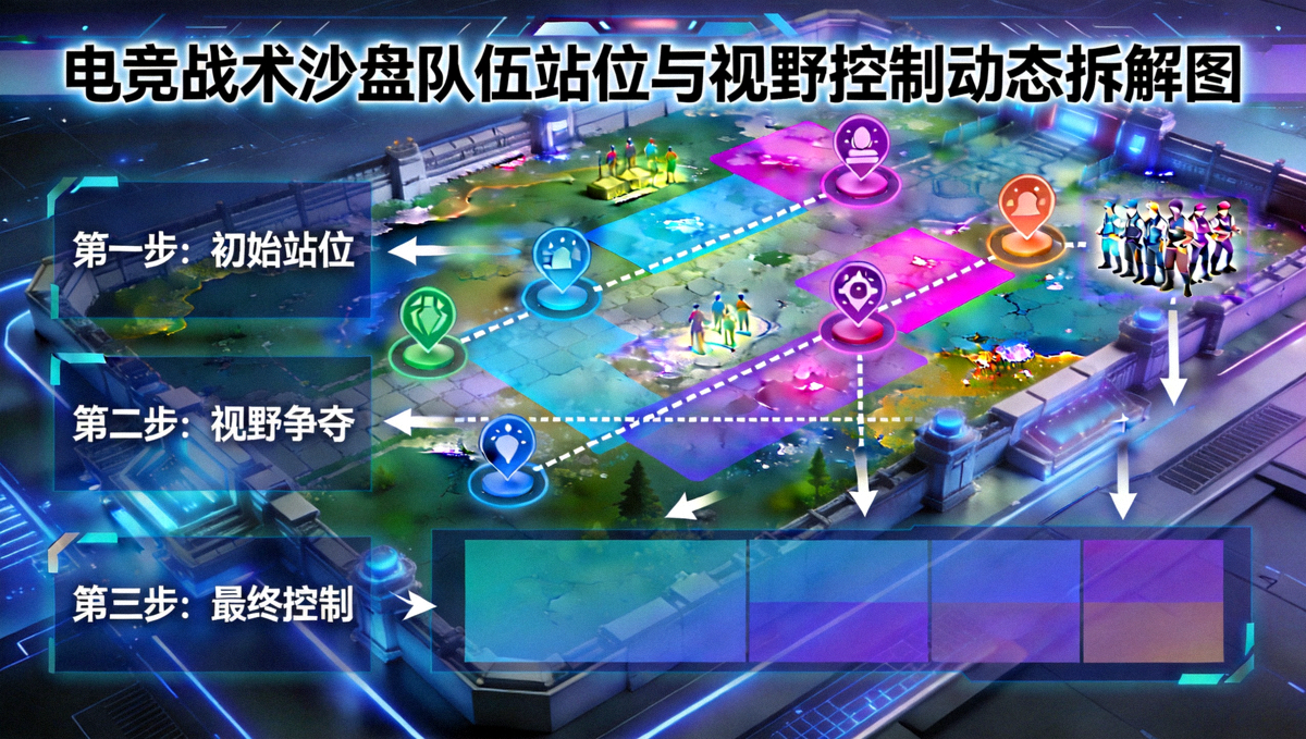 电竞战术沙盘地图上队伍站位与视野控制点动态拆解示意图