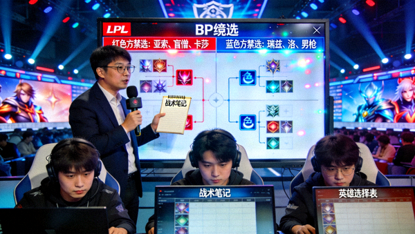 英雄联盟职业联赛BP禁选阶段战术分析现场画面